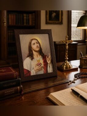 ITALY Lizard Skin LEATHER FRAME JESUS CHRIST Orig Vintage Fine Art Print Antique